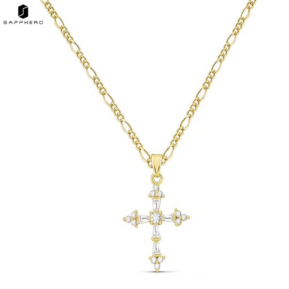 Sapphero 14K Real Gold Silver Plated Cross Pendant Figaro NK Chain Necklace