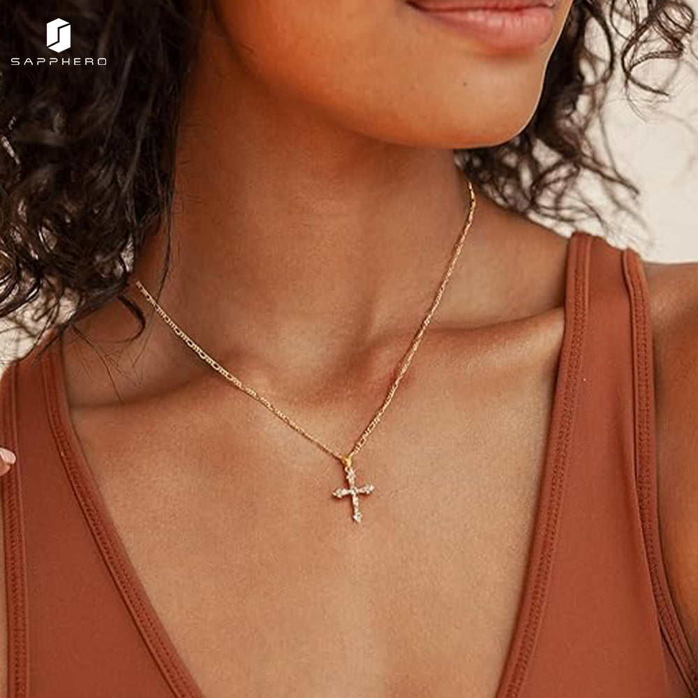 Sapphero 14K Real Gold Silver Plated Cross Pendant Figaro NK Chain Necklace